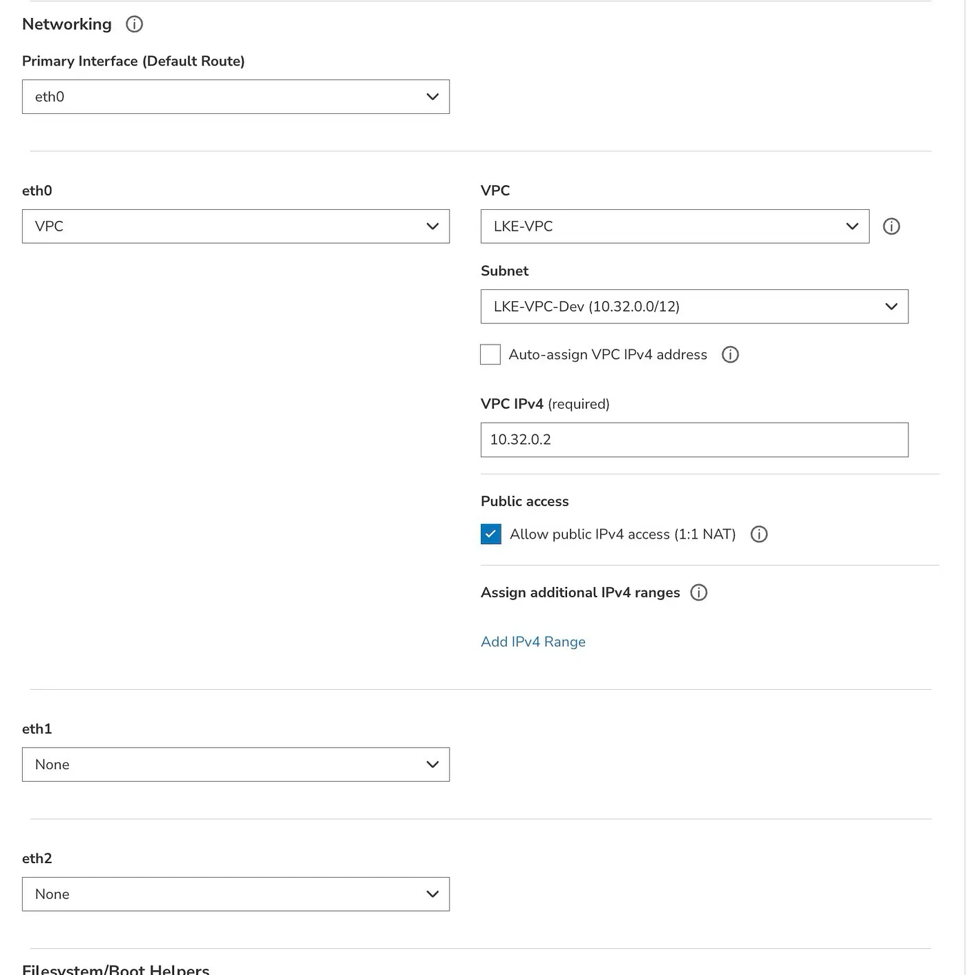Initial VPC-first Linode network configuration with eth0 attached to VPC and eth1 empty