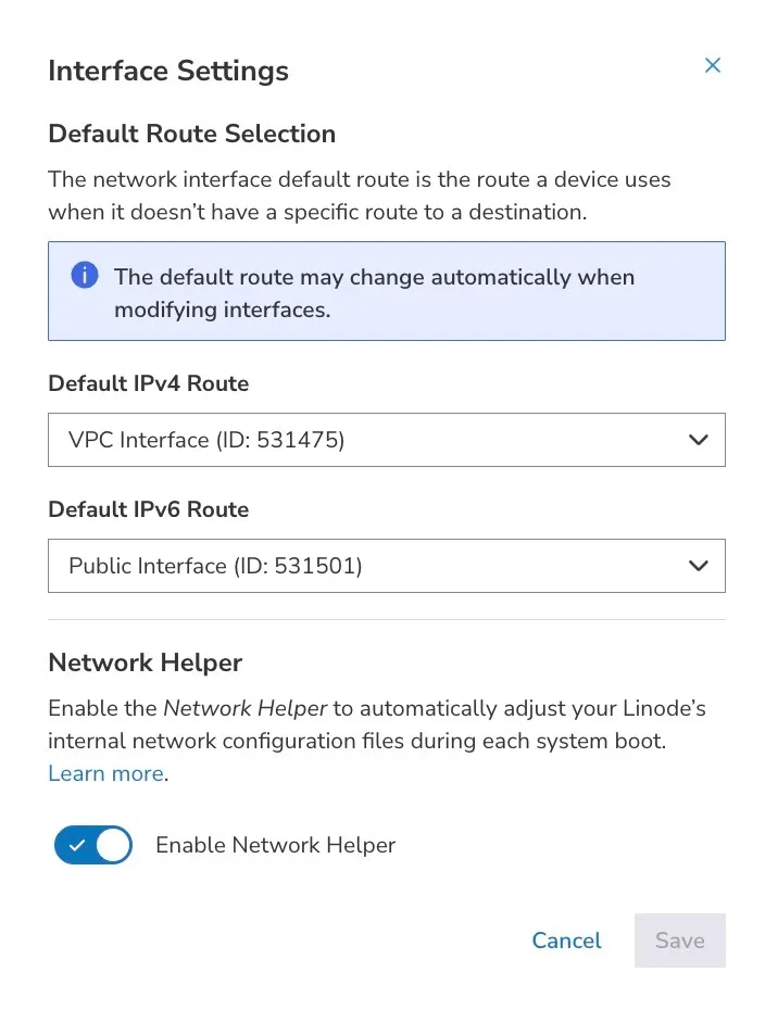 Interface settings showing default IPv4 route through VPC interface and default IPv6 route through Public Interface