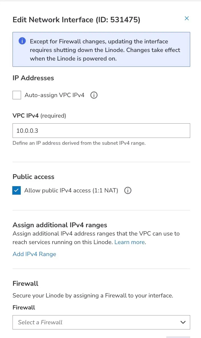 Existing VPC interface configuration showing VPC IPv4, 1:1 NAT, and firewall selector